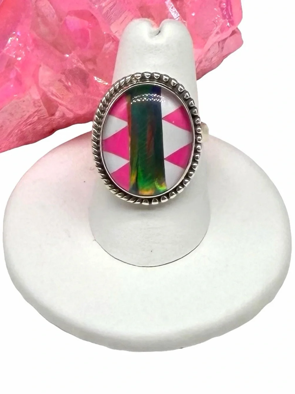 Aurora Fire Opal Stripe Ring Size 7.5 Solid 925 Sterling Silver Hot Pink White